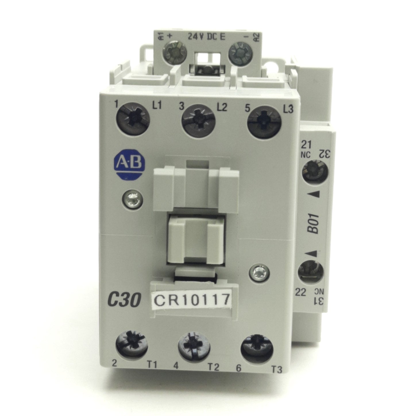 Used Allen Bradley 100-C30EJ01 Contactor w/ NC Aux, 3-P, 600V AC 55A, 24V DC Coil