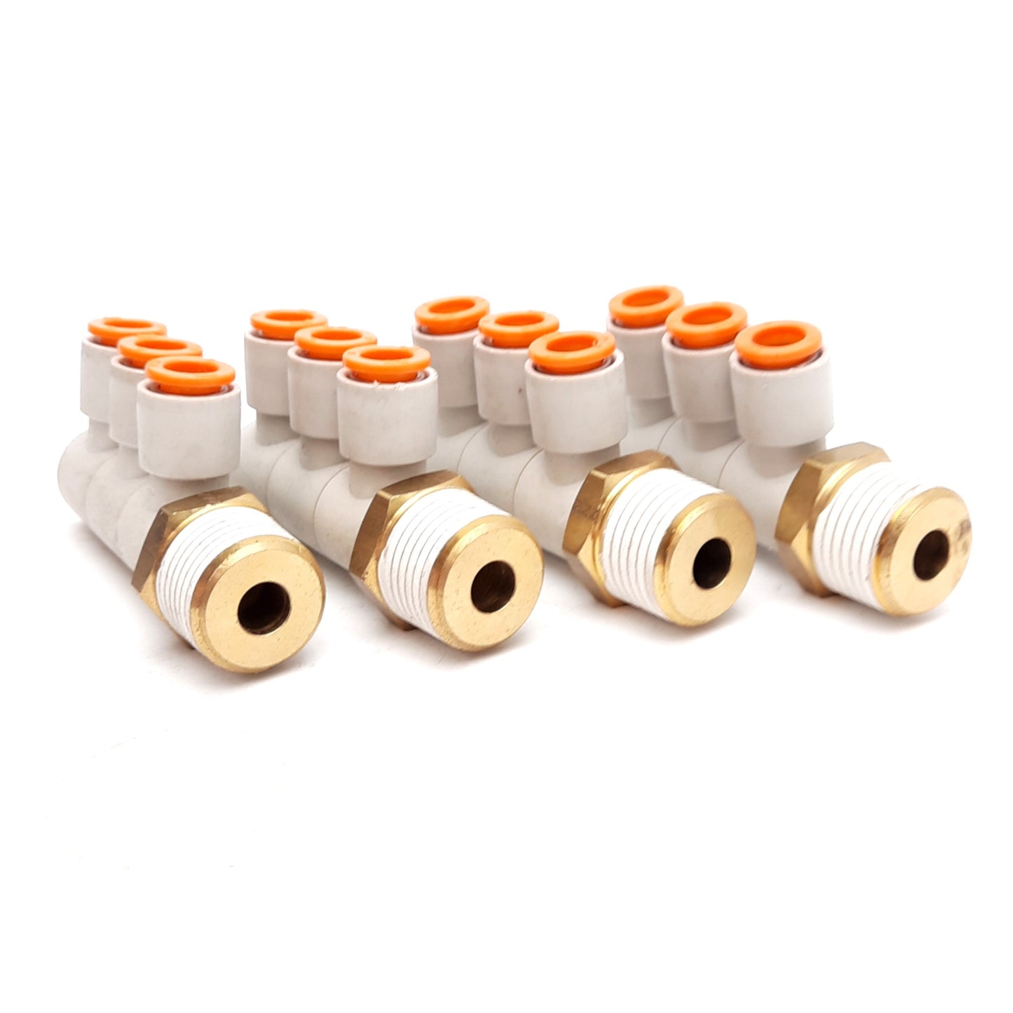 Used Lot of 4 SMC KQ2VT09-37AS Universal Triple Male Elbow 5/16in P2C, 1/2in NPT Male