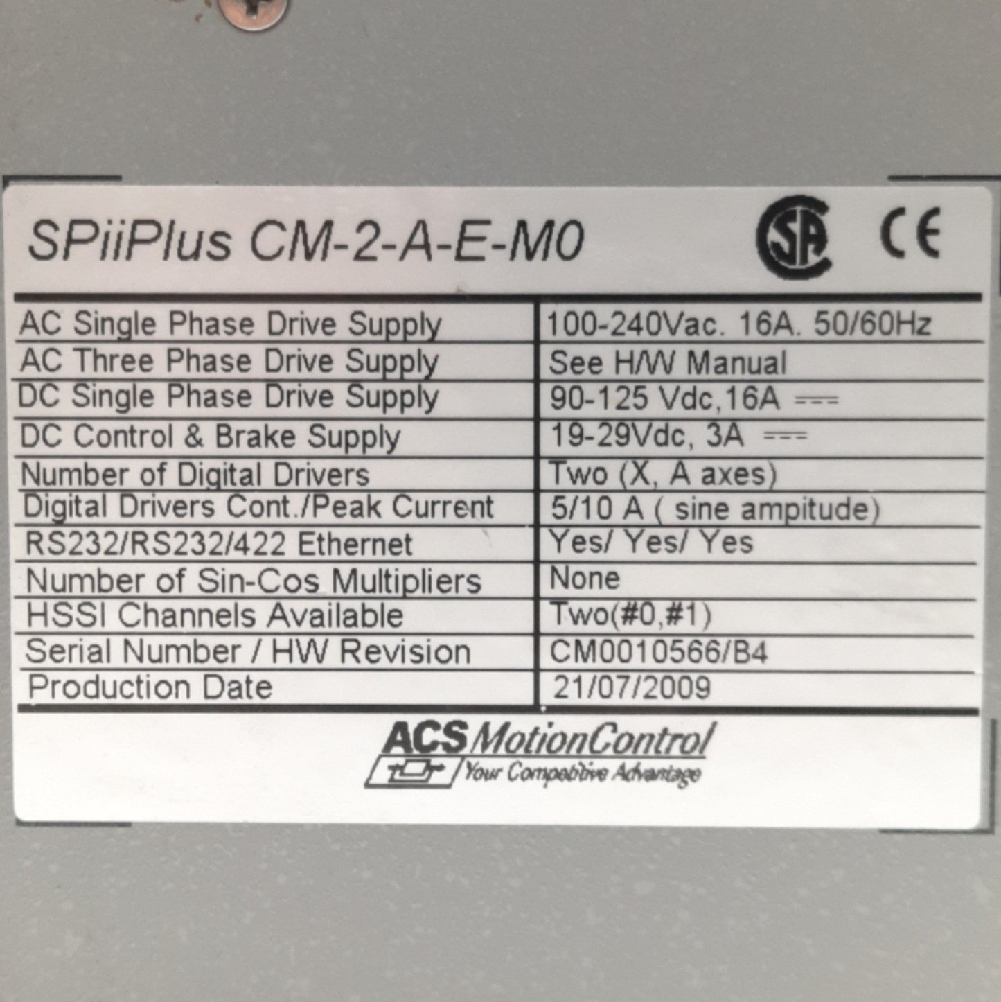 Used ACS Motion Control SPiiPlus CM-2-A-E-M0 Motor Drive/Controller, 2-Axis XA, 5/10A