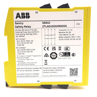 New – Open box ABB 2TLA010050R0000 Sentry Safety Relay, 24VDC Supply, 3NO +1NC, 250V 4A Rating