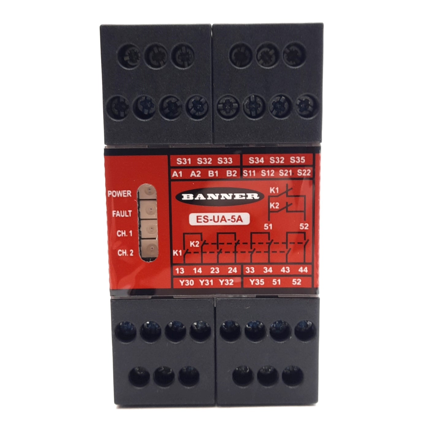 New Banner ES-UA-5A Safety Relay E-Stop Module, 4NO + 1NC + 2AUX, 115VAC/12-24VDC