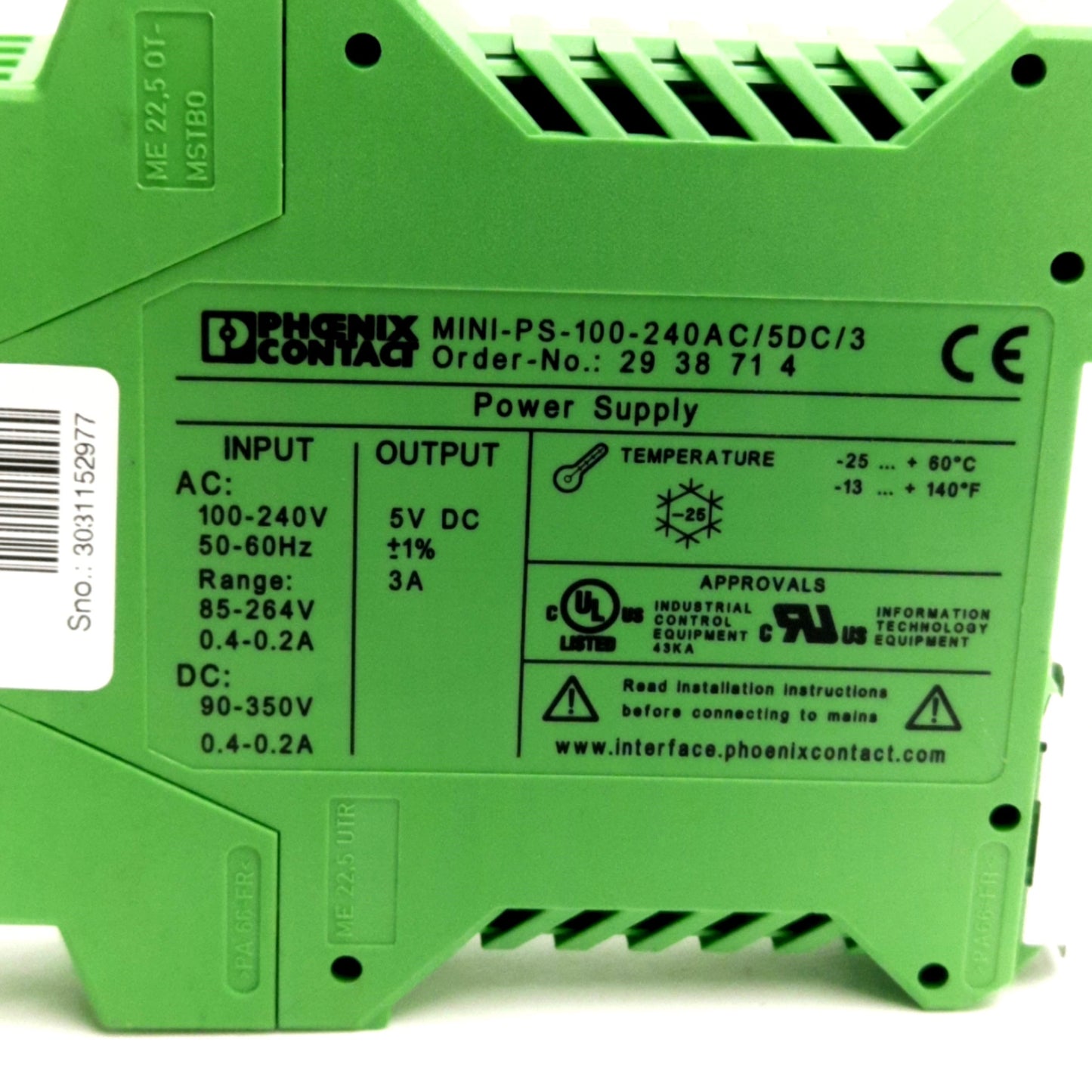Used Phoenix Contact MINI-PS-100-240AC/5DC/3 Mini Power Supply, 5VDC 3A Out, 2938714