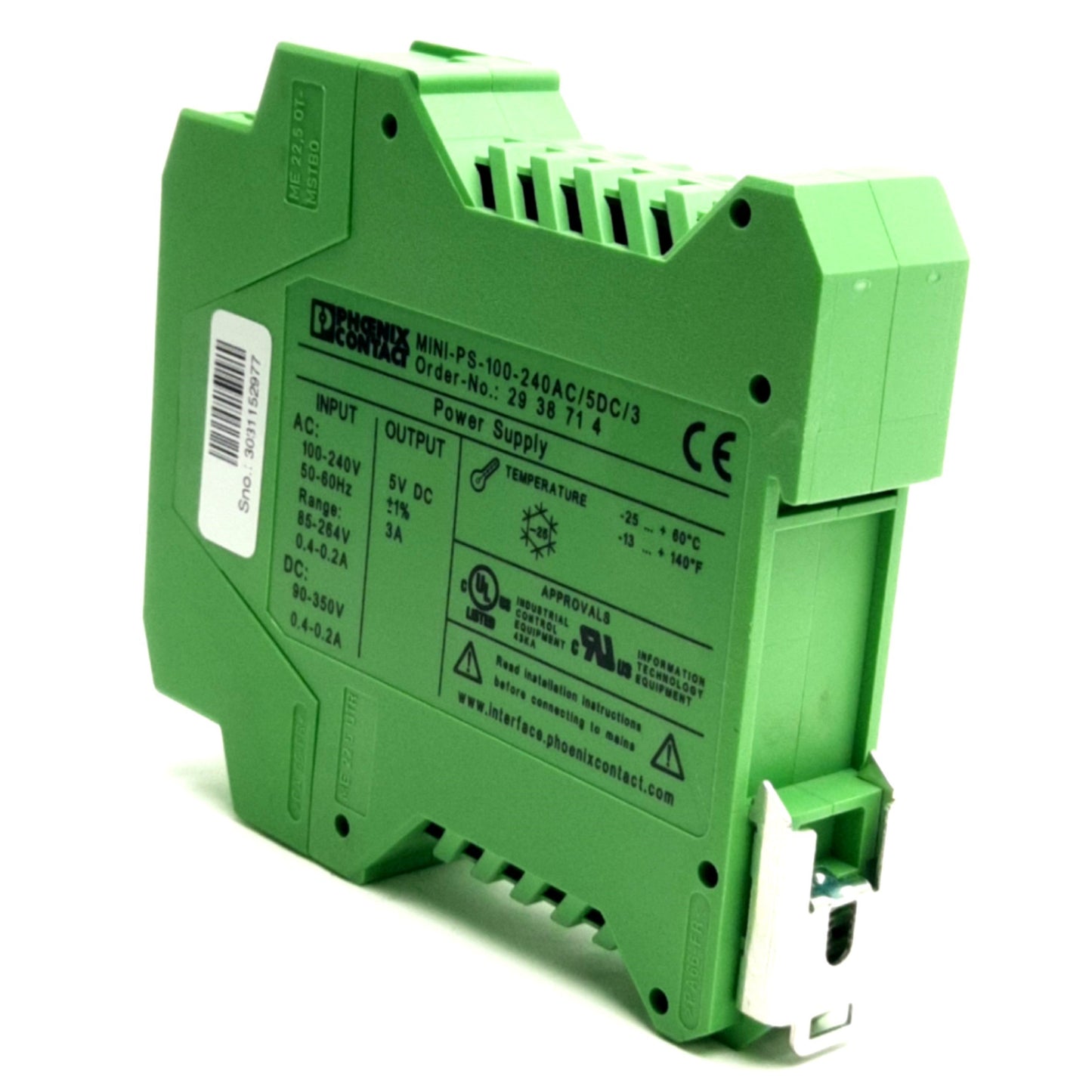 Used Phoenix Contact MINI-PS-100-240AC/5DC/3 Mini Power Supply, 5VDC 3A Out, 2938714