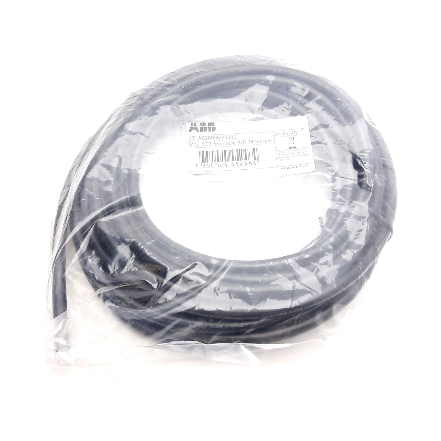 New ABB 2TLA020056R3000 M12-C63 Sensor Cable, M12 8-Pin Female Straight, 6m