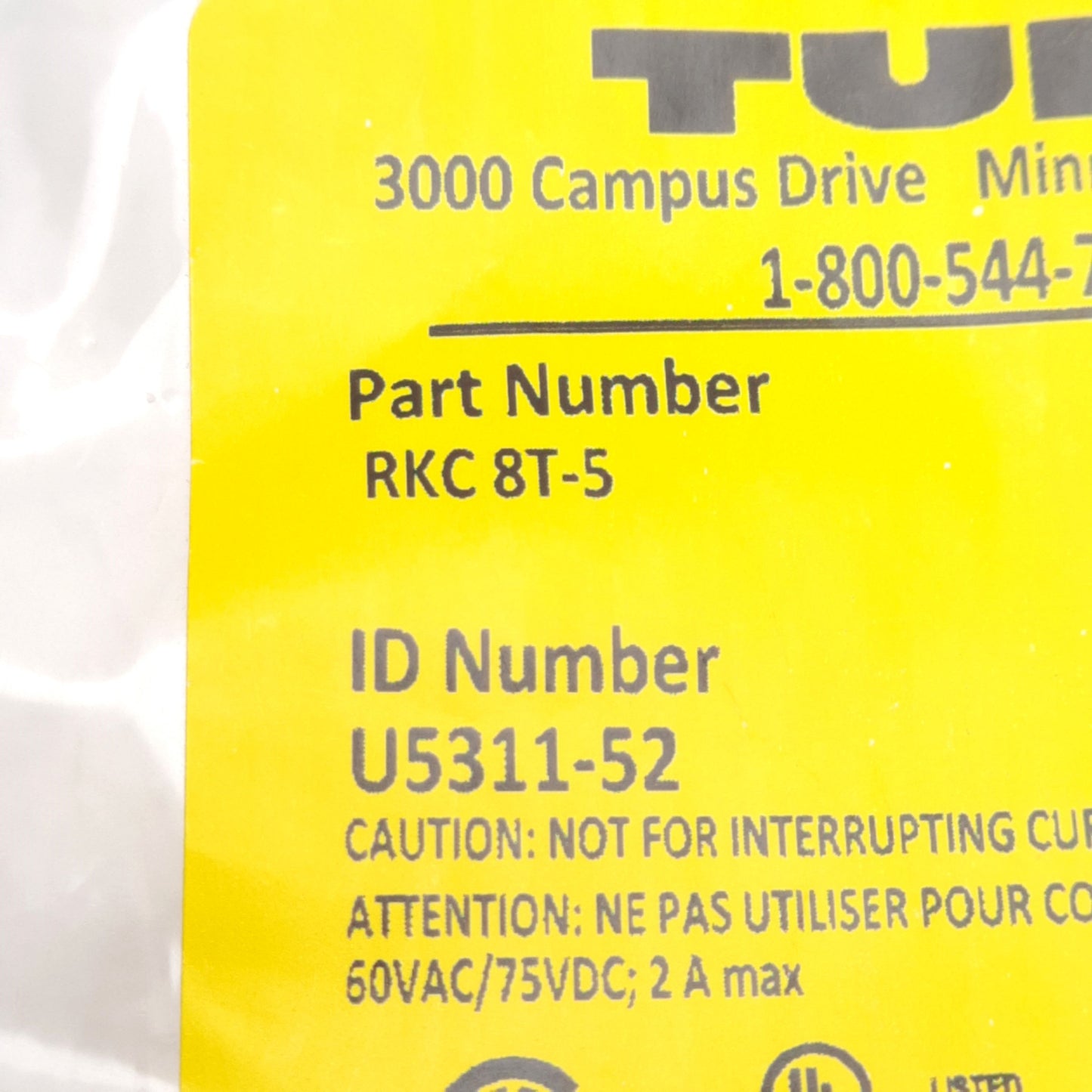 New Turck RKC 8T-5 Single Ended Cordset M12 Female Straight 8-Pin, 60-75V 2A, 5m
