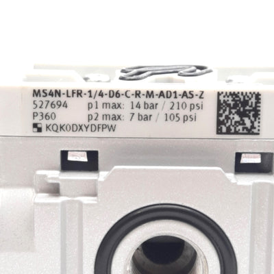 New – Open box Festo MS4N-LFR-1/4-D6-C-R-M-AS-Z Filter Regulator 0.3-14bar, 5µm, 1/4in NPT