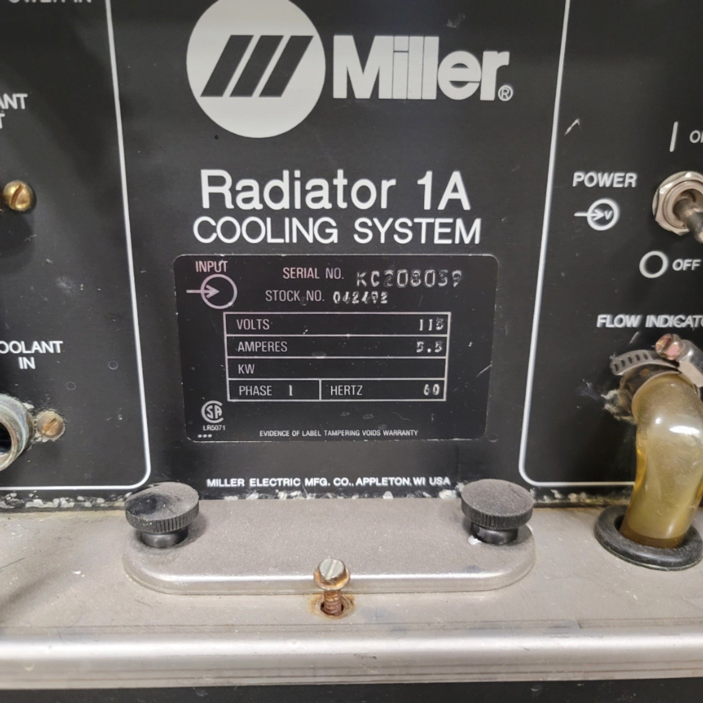 Used Miller Radiator 1A Welder Cooling System 115VAC, 1.5 Gallons, 3Qts/min @ 50psi