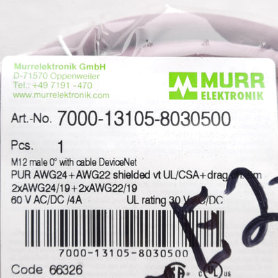 New Murrelektronik 7000-13105-8030500 DeviceNet Cable M12 5-Pin Male 0° to Cut Cable