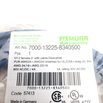New Murrelektronik 7000-13225-8340500 DeviceNet Cable M12 5-Pin Female 0° to Cut End
