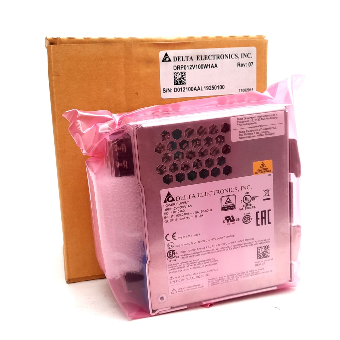 New Delta DRP012V100W1AA Power Supply, 100-240VAC 2.5A In, 12VDC 8.33A Out, 100W