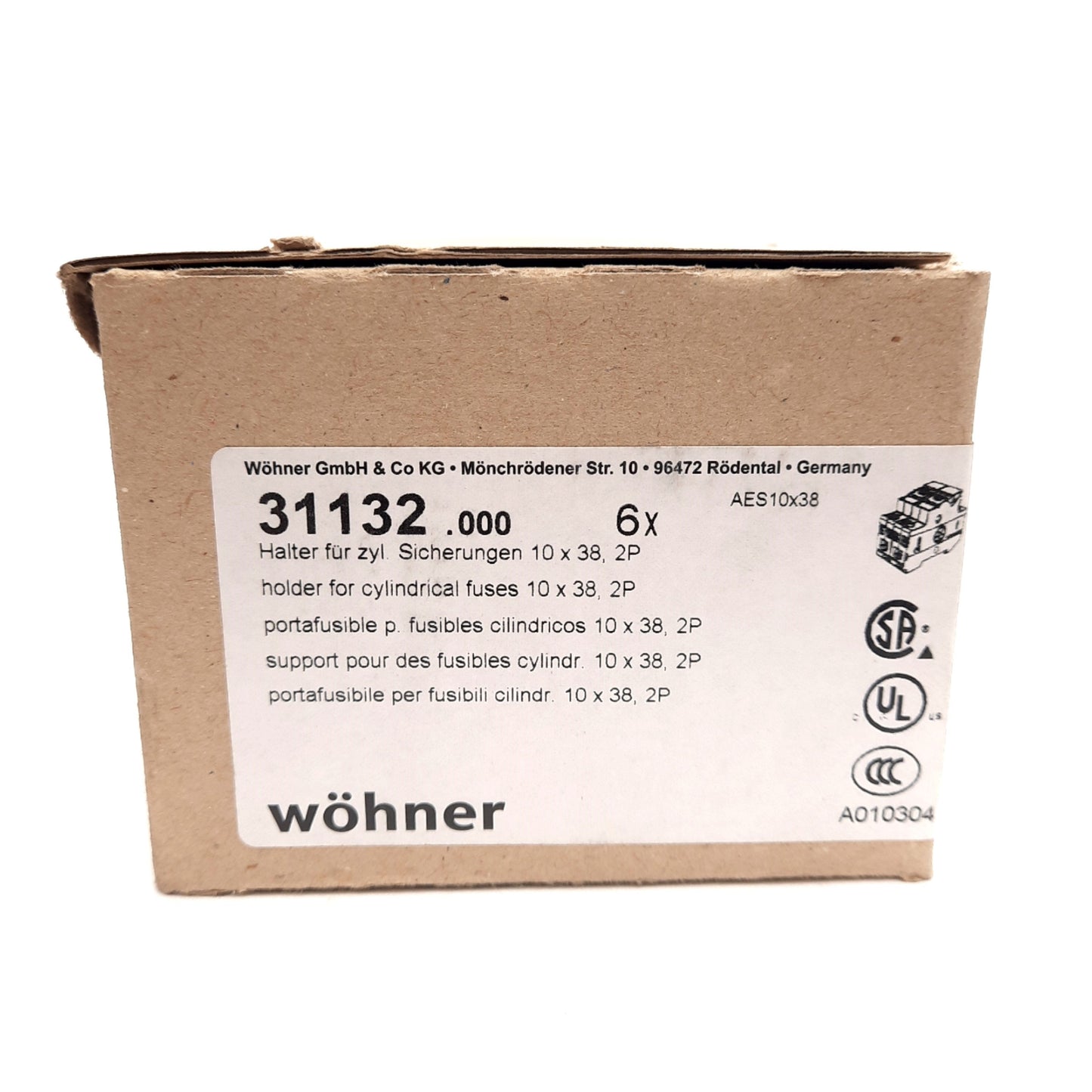 New Lot of 6 Wohner 31132 Fuse Holder, 10x38 2-Pole, 110-690V 32A, DIN Rail