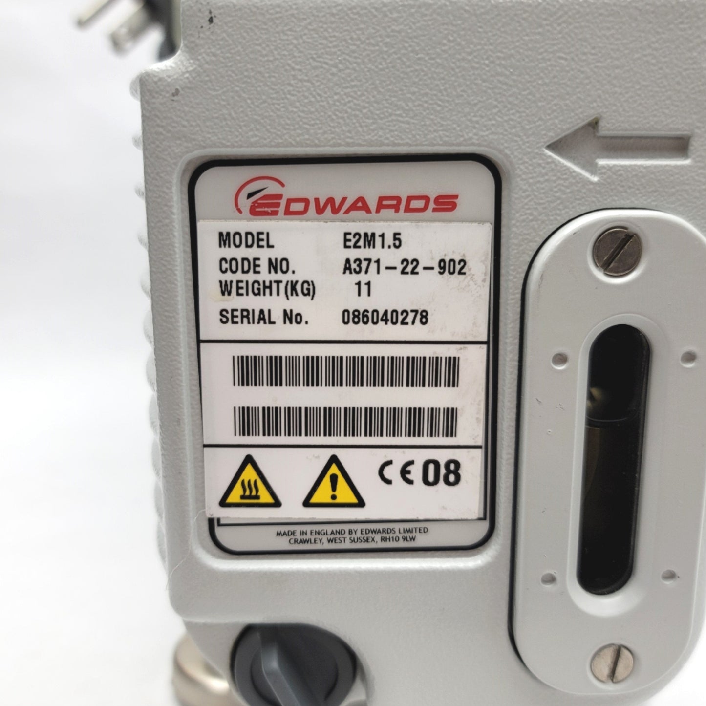 Used Edwards E2M1.5 Rotary Vane Vacuum Pump NW10, 2.0m³h-¹, 5 x 10-4 mbar, 115VAC