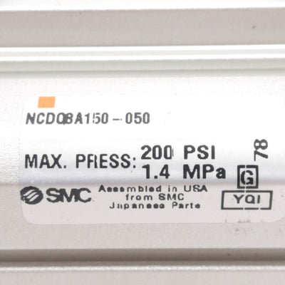 New SMC NCDQ8A150-050 Compact Cylinder ø1.5in Bore, 1/2in Stroke, 1/8in NPT, 200psi