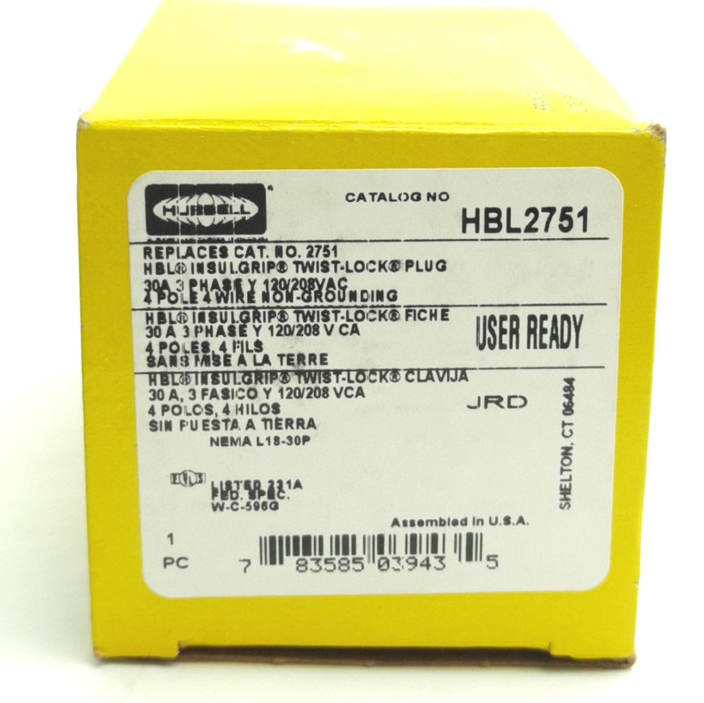 Used Hubbell HBL2751 Twist-Lock Locking Plug 30A 3-Ph 120/280VAC 4-P 4-Wire No Ground