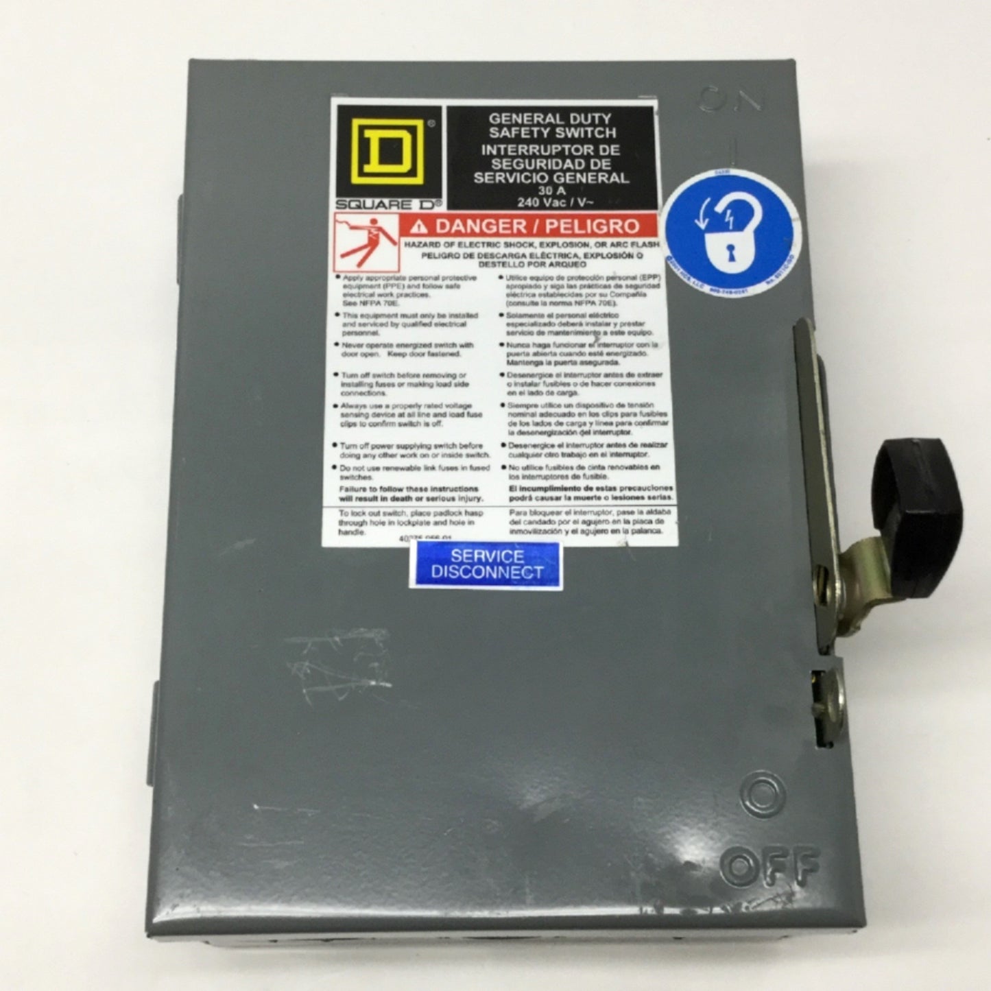 Used Square D D221N General Duty Fused Safety Switch Disconnect, 240VAC 60Hz 30A