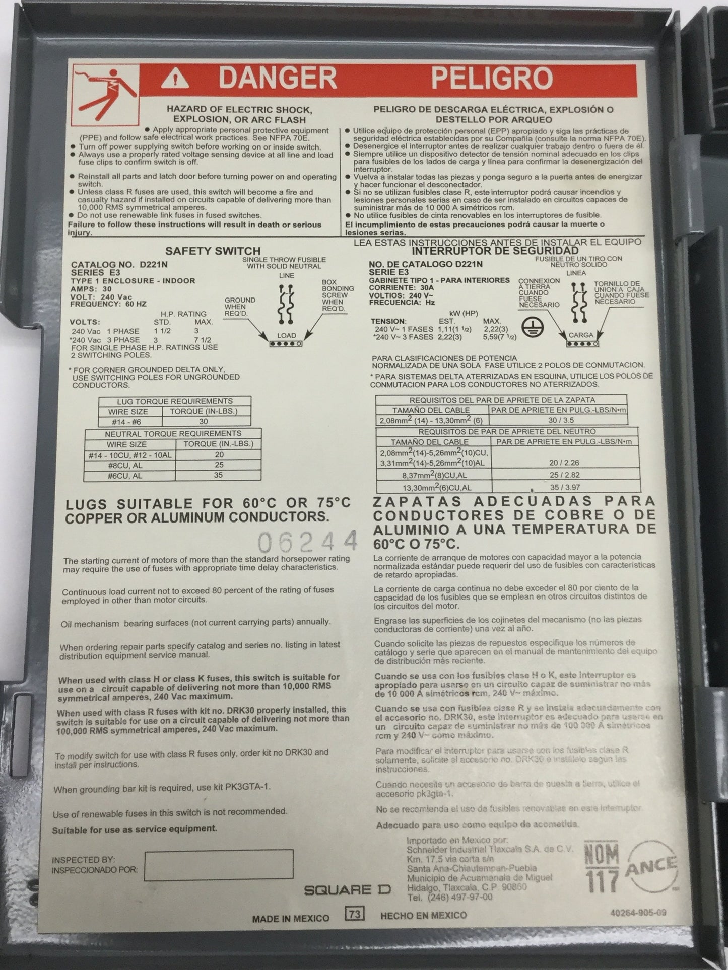 Used Square D D221N General Duty Fused Safety Switch Disconnect, 240VAC 60Hz 30A