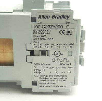 Used Allen Bradley 100-C23ZJ200 Contactor 600VAC 30A, 4-Poles 3-Ph, 24V DC Coil
