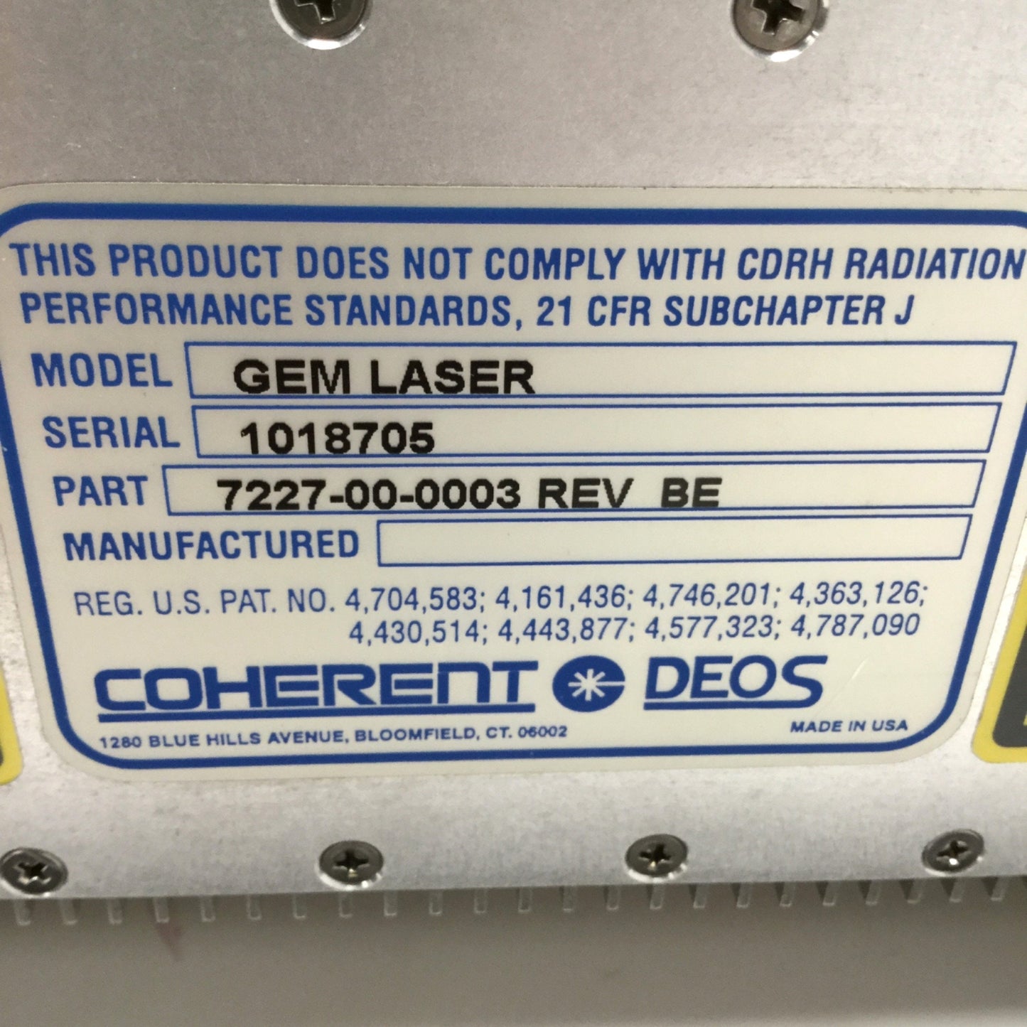 Used Coherent Gem 7227-00-0003 BE Low Power 30W CO2 Laser 48VDC 12A Air-Cooled