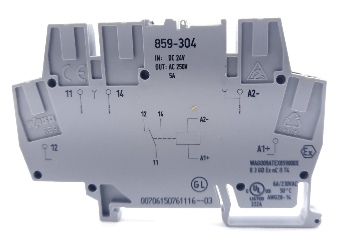 New – Open box Lot of 4 Wago 859-304 Relay Terminal Blocks, 24VDC Supply, 5A 250VAC Contact