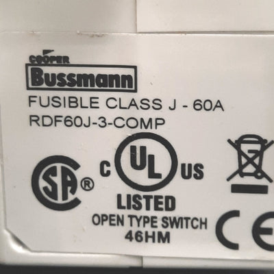 Used Bussmann RDF60J-3-COMP Fused Disconnect Switch, Class-J, 3-Pole, 600VAC 60A