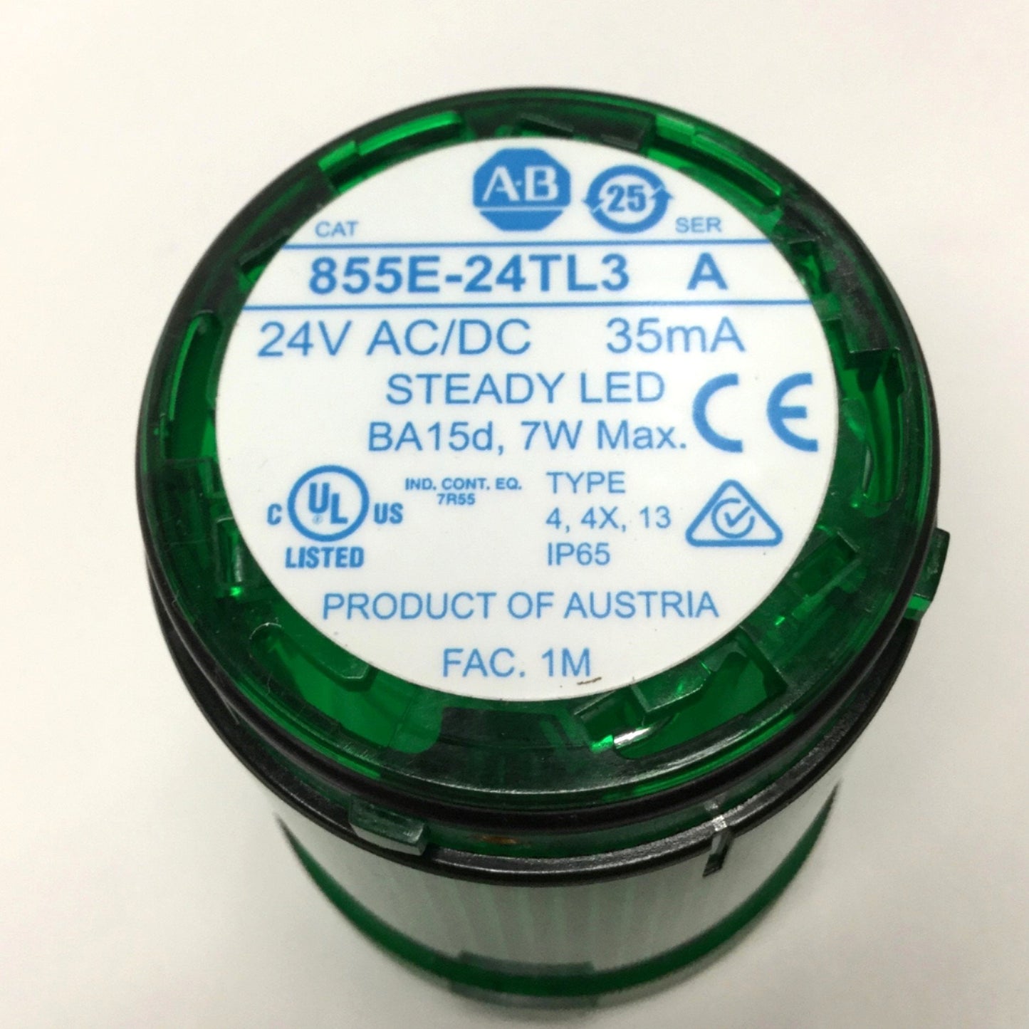 Used Allen Bradley 855E-24TL3 Stacklight Lens & Bulb, Steady Green LED Lamp, 24VAC/DC