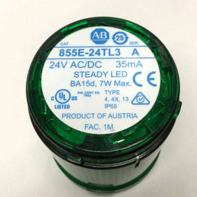 Used Allen Bradley 855E-24TL3 Stacklight Lens & Bulb, Steady Green LED Lamp, 24VAC/DC