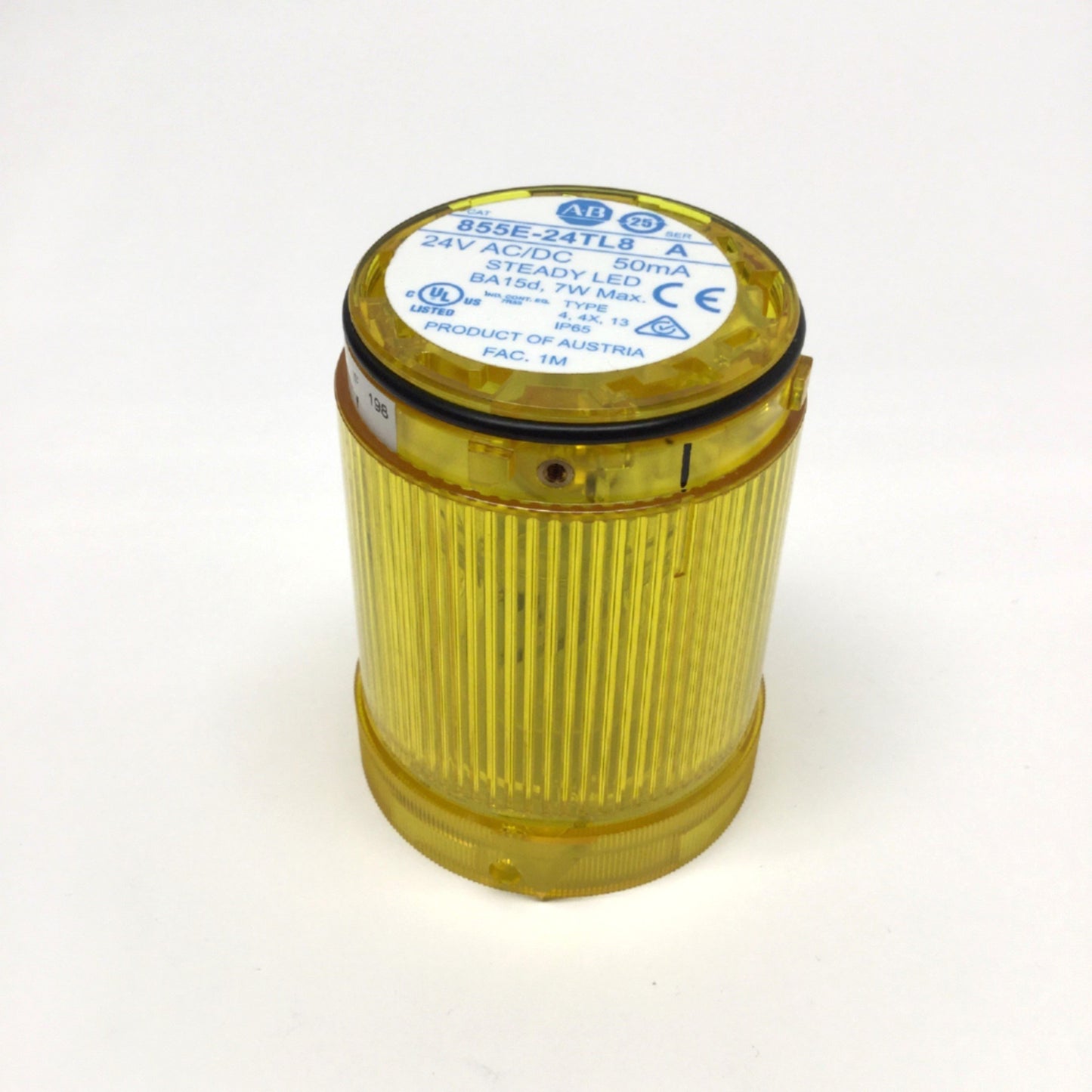 Used Allen Bradley 855E-24TL8 Stacklight Lens & Bulb Steady Yellow LED Lamp, 24VAC/DC