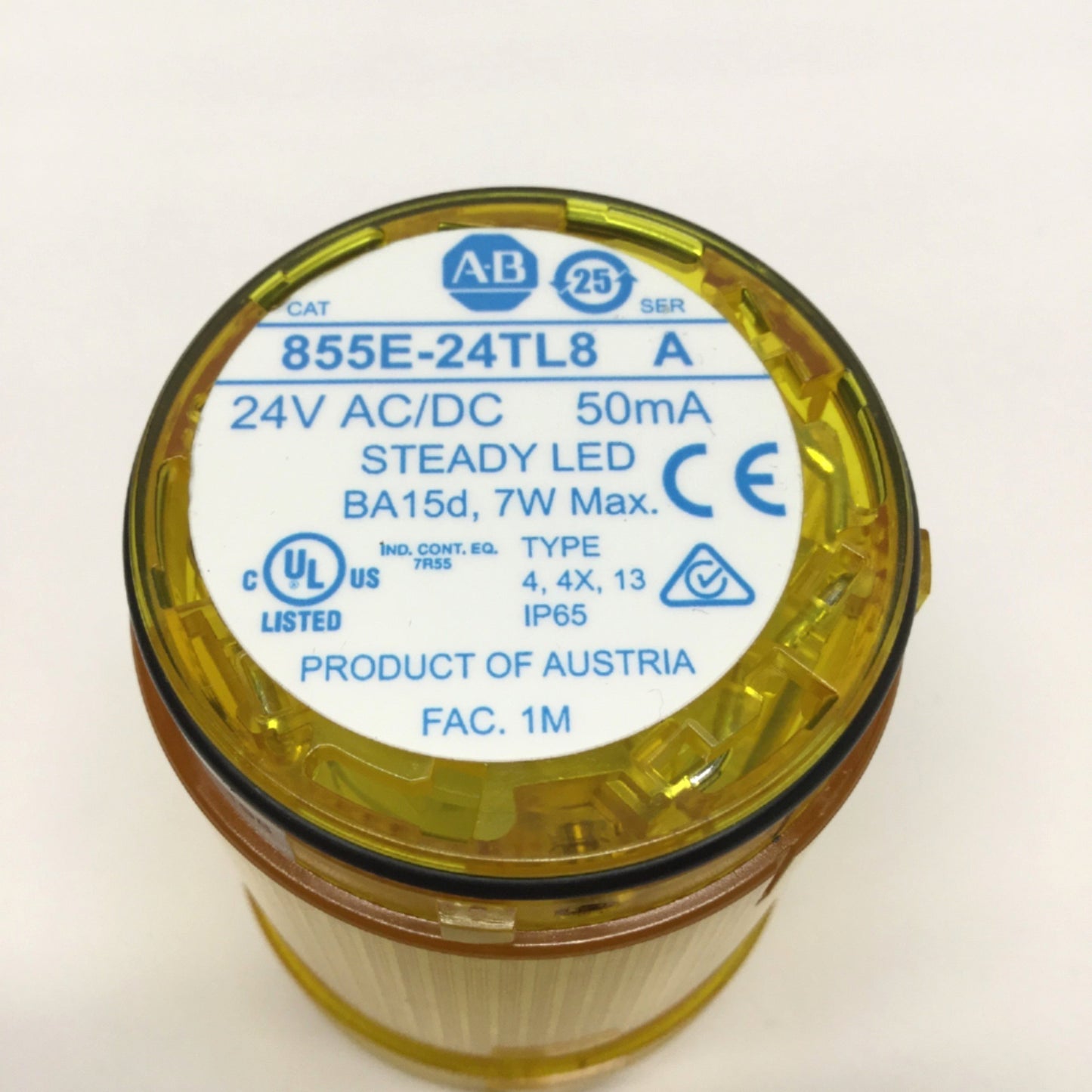 Used Allen Bradley 855E-24TL8 Stacklight Lens & Bulb Steady Yellow LED Lamp, 24VAC/DC