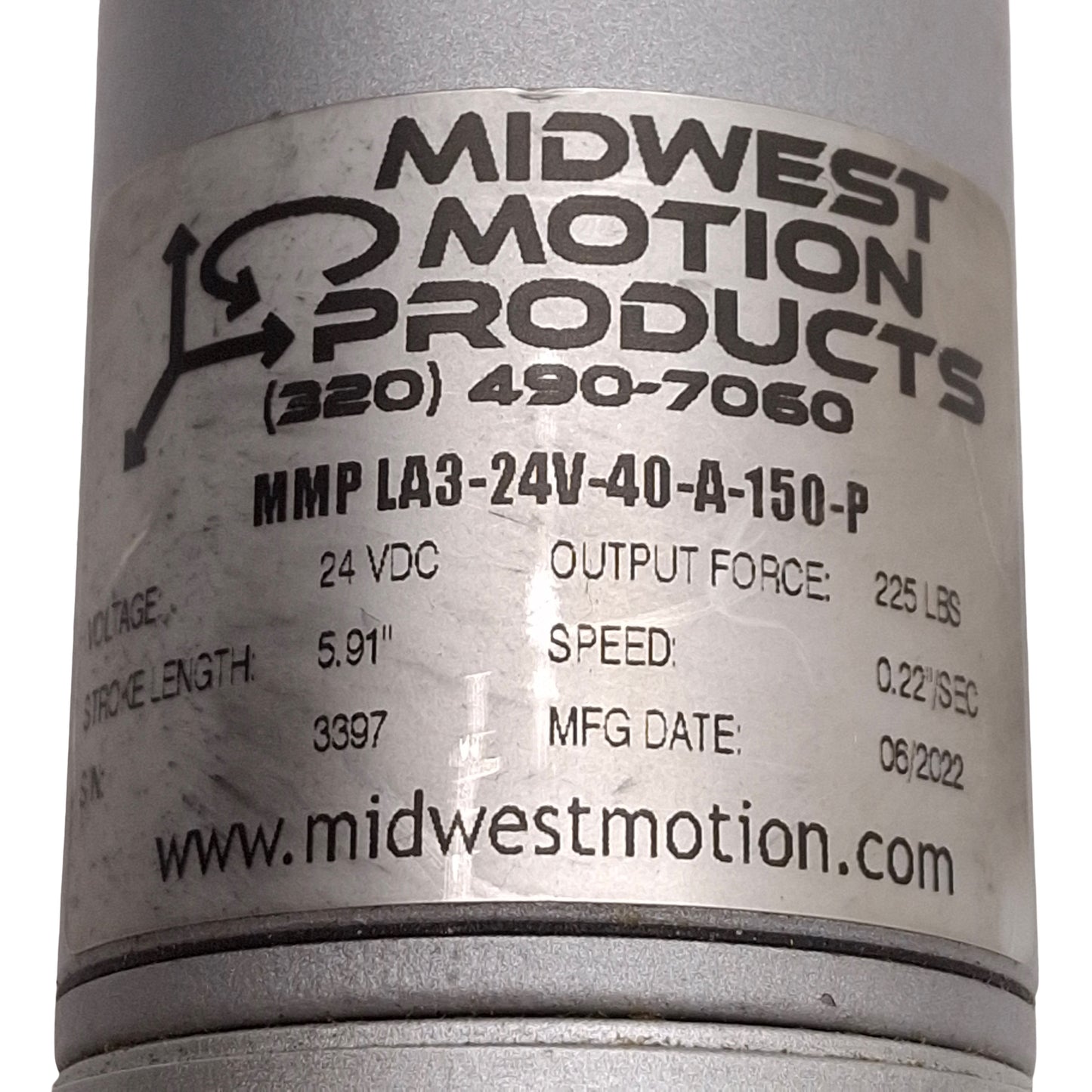 Used Midwest Motion MMP LA3-24V-40-A-150-P Linear Actuator, 5.91in Stroke, 24VDC 1.6A