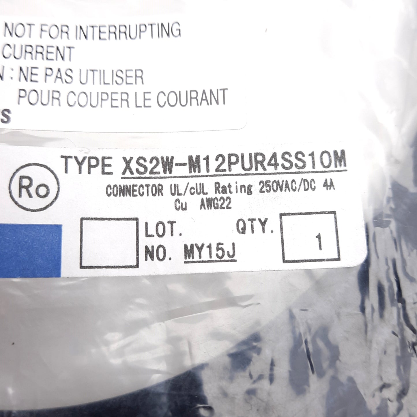 New Omron XS2W-M12PUR4SS10M Cordset, M12 4-Pin Male Straight to Female, 250VAC/DC 4A