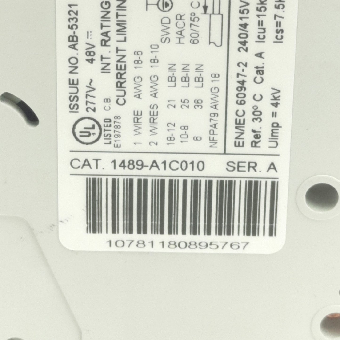Used Lot of 2 Allen Bradley 1489-A1C010 Circuit Breaker, 1-Pole, 1A 277VAC