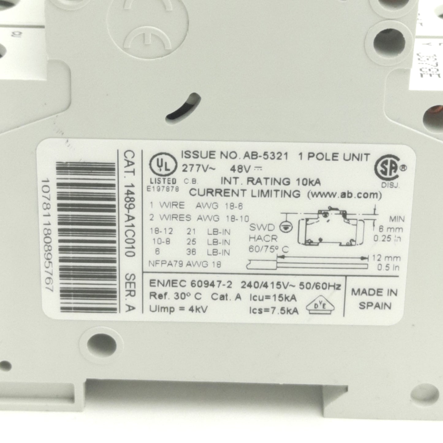 Used Lot of 2 Allen Bradley 1489-A1C010 Circuit Breaker, 1-Pole, 1A 277VAC