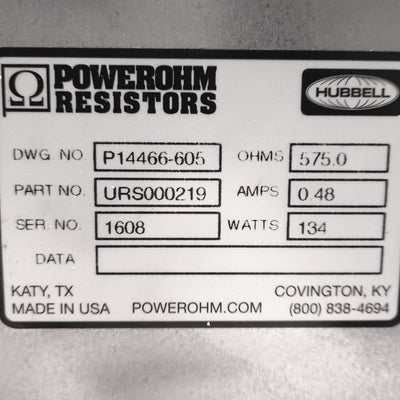 New Hubbell 14466-605 Powerohm Braking Resistor, 575 Ohm, 134 Watt, 0.48 Amps