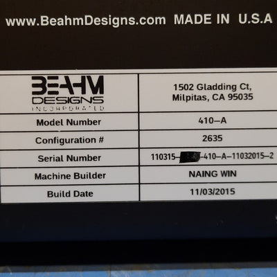 Used Beahm Designs 410-A Horizontal Laminator 750mm 20mm/sec 200-750°F 100PSI 120VAC