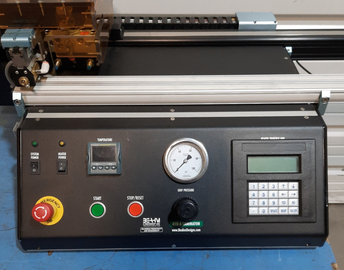 Used Beahm Designs 410-A Horizontal Laminator 750mm 20mm/sec 200-750°F 100PSI 120VAC