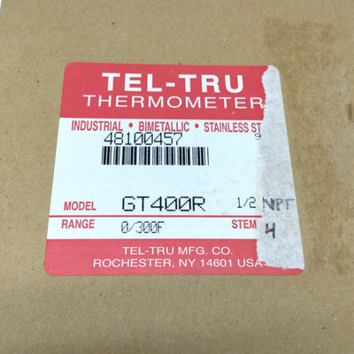 New – Open box Tel-Tru GT-400R Bimetal Thermometer Ø4" Dial, 4" Stem, 0-300°F, 1/2" NPT