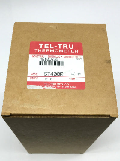 New – Open box Tel-Tru GT-400R Bimetal Thermometer Ø4" Dial, 6" Stem, 0-180°F, 1/2" NPT