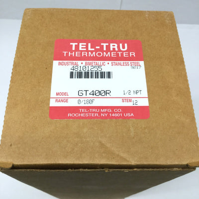 New – Open box Tel-Tru GT-400R Bimetal Thermometer Ø4" Dial, 12" Stem, 0-180°F, 1/2" NPT