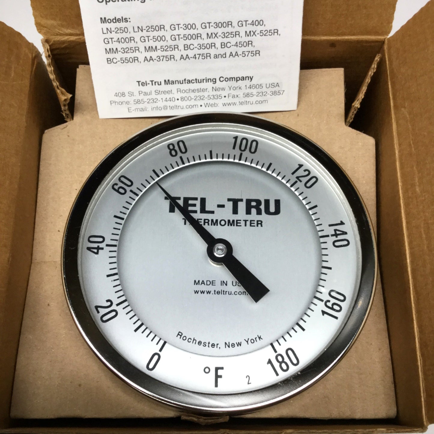 New – Open box Tel-Tru GT-400R Bimetal Thermometer Ø4" Dial, 12" Stem, 0-180°F, 1/2" NPT