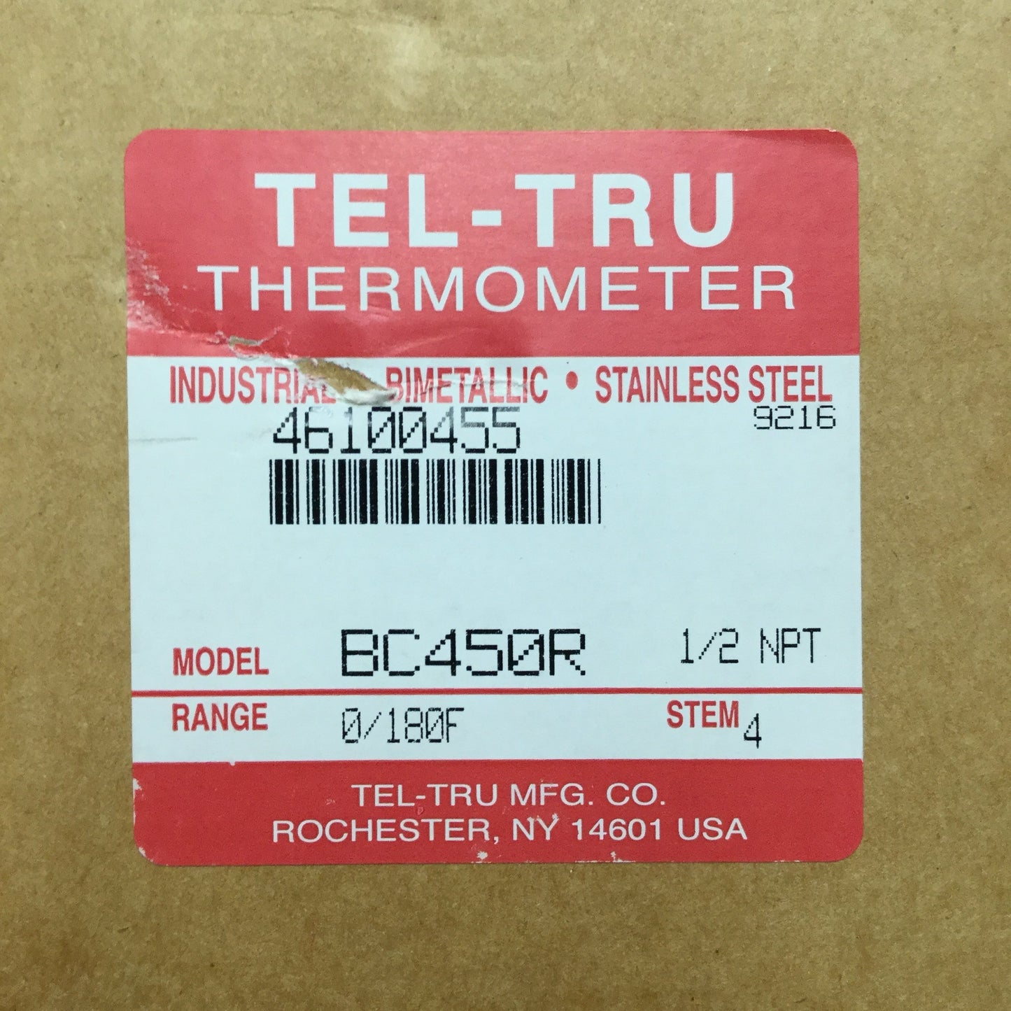 New – Open box Tel-Tru BC-450R Bimetal Thermometer Ø4" Dial, 4" Stem, 0-180°F, 1/2" NPT