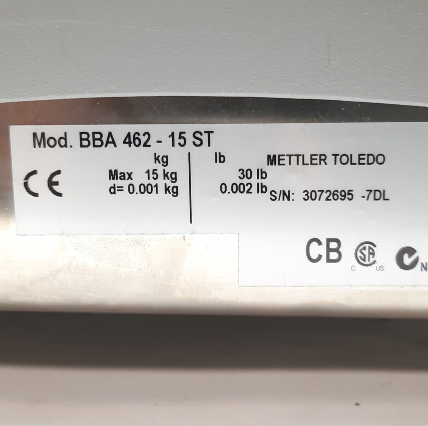 Used Mettler Toledo BBA462-15ST Smart+ Scale 15kg 9.45 x 13.78" Plate RS232 120VAC