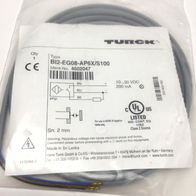 Turck BI2-EG08-AP6X/S100 Inductive Proximity Sensor, 2mm Range, 10-30VDC, PNP-NO