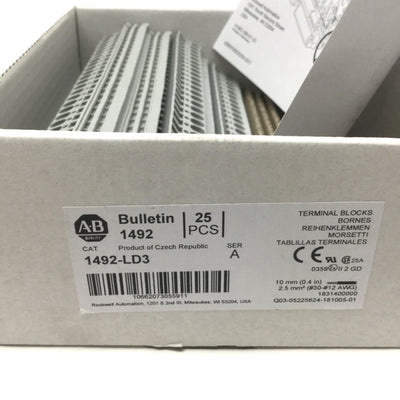 New Lot of 25 Allen-Bradley 1492-LD3 2-Circuit Spring Clamp Terminal Block, 600V 20A