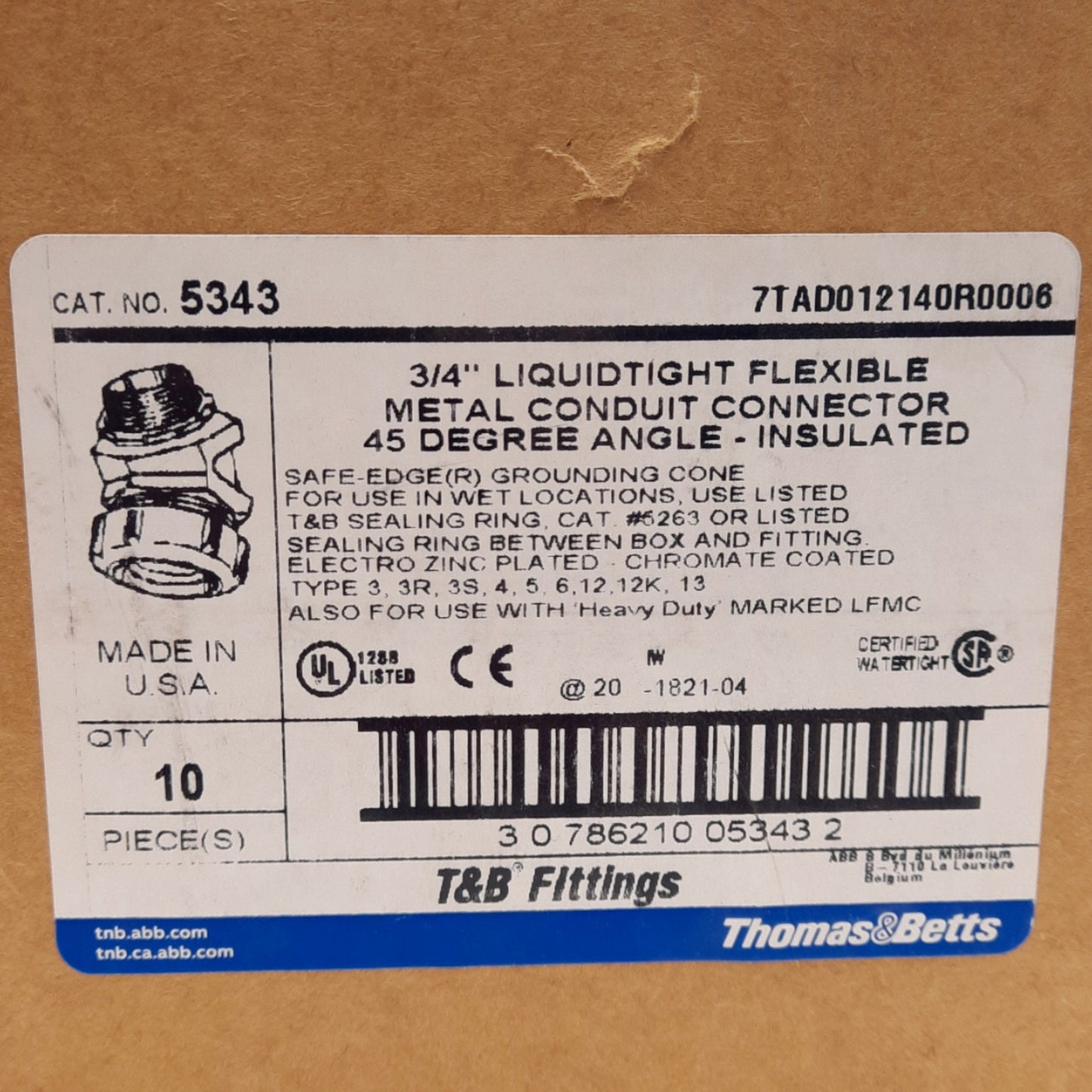 New Lot of 10 T&B 5343 Liquidtight Flexible Metal Conduit Connector 45°, 3/4in NPT