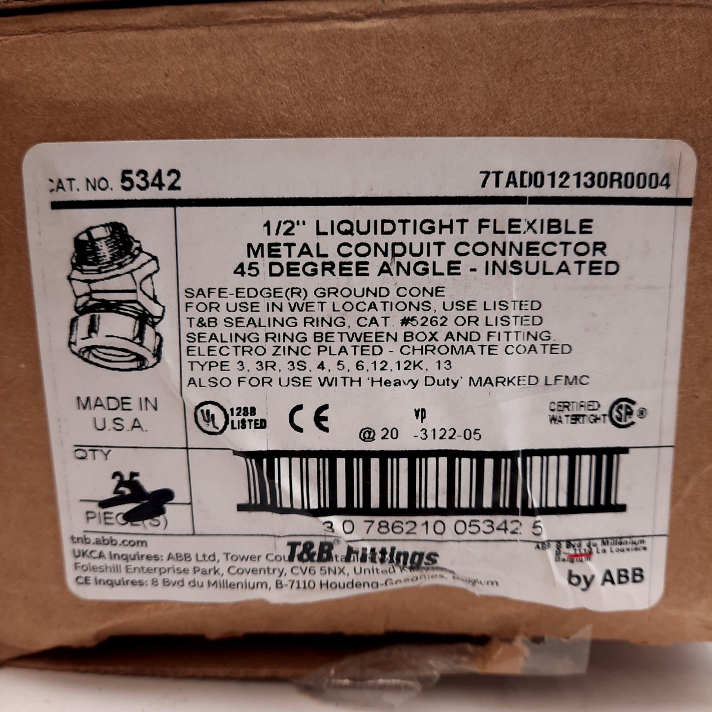 New Lot of 10 T&B 5342 Liquidtight Flexible Metal Conduit Connector 45°, 1/2in NPT