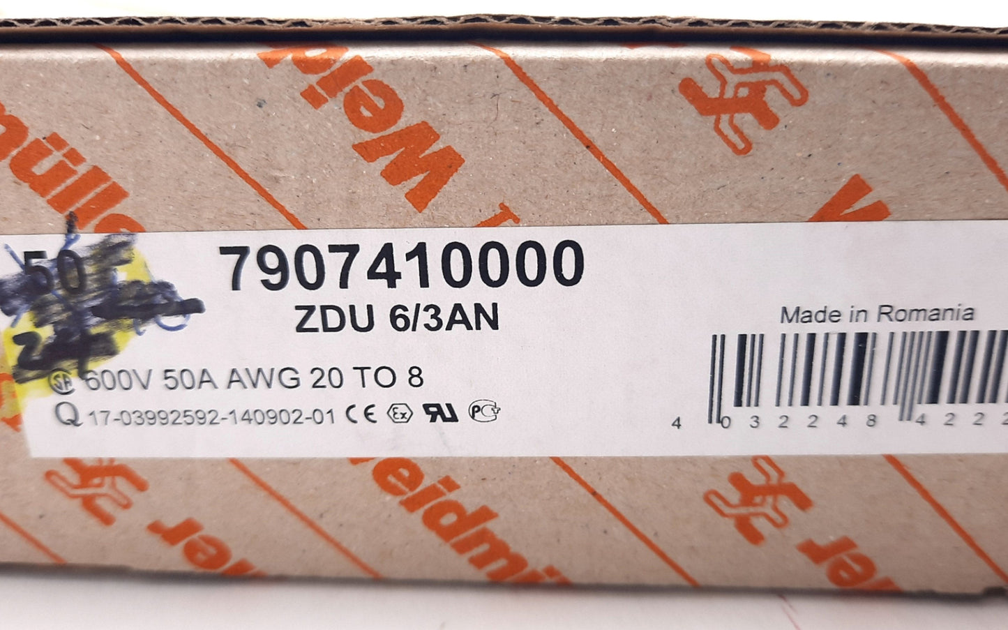 New Lot of 50 Weidmuller 7907410000 Terminal Block 600V, 50A, 20-8AWG