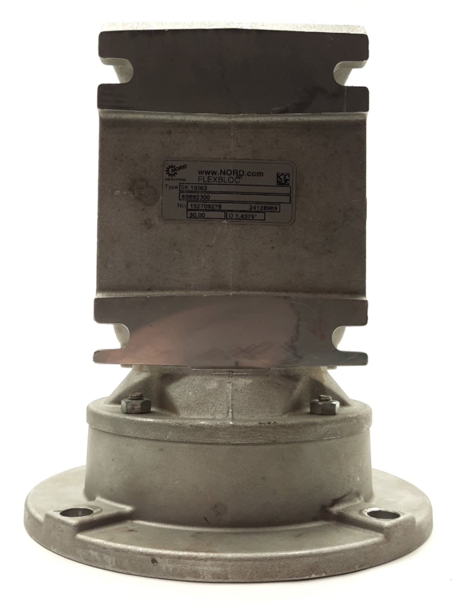 Used NORD SK 1SI63 Right Angle Gearhead, 30:1, 1416lb-in, 5/8" to 1 7/16" Shaft, 56C
