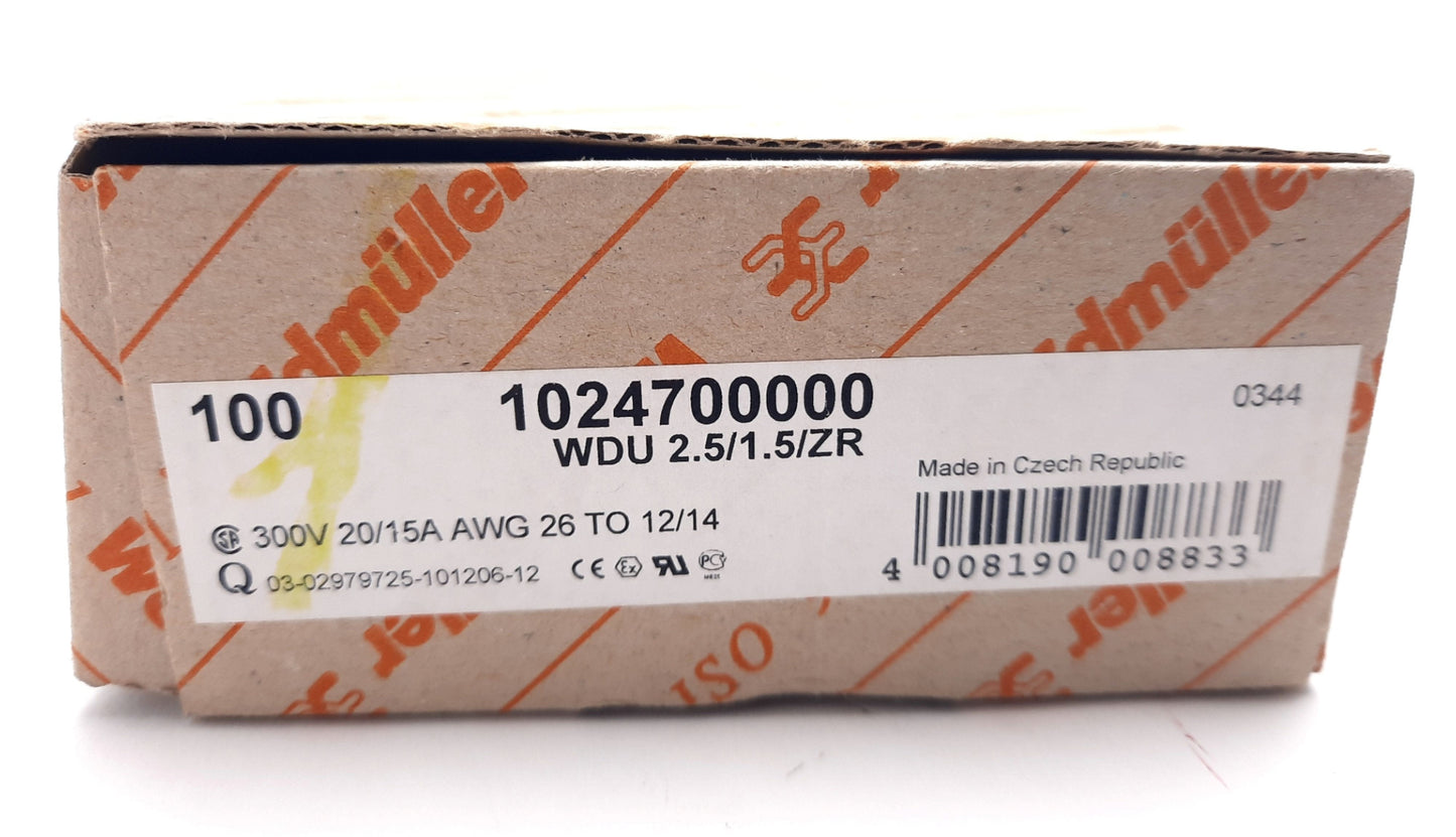 New Lot of 100 Weidmuller 1024700000 Terminal Block 300V, 20/15A, 30-12AWG