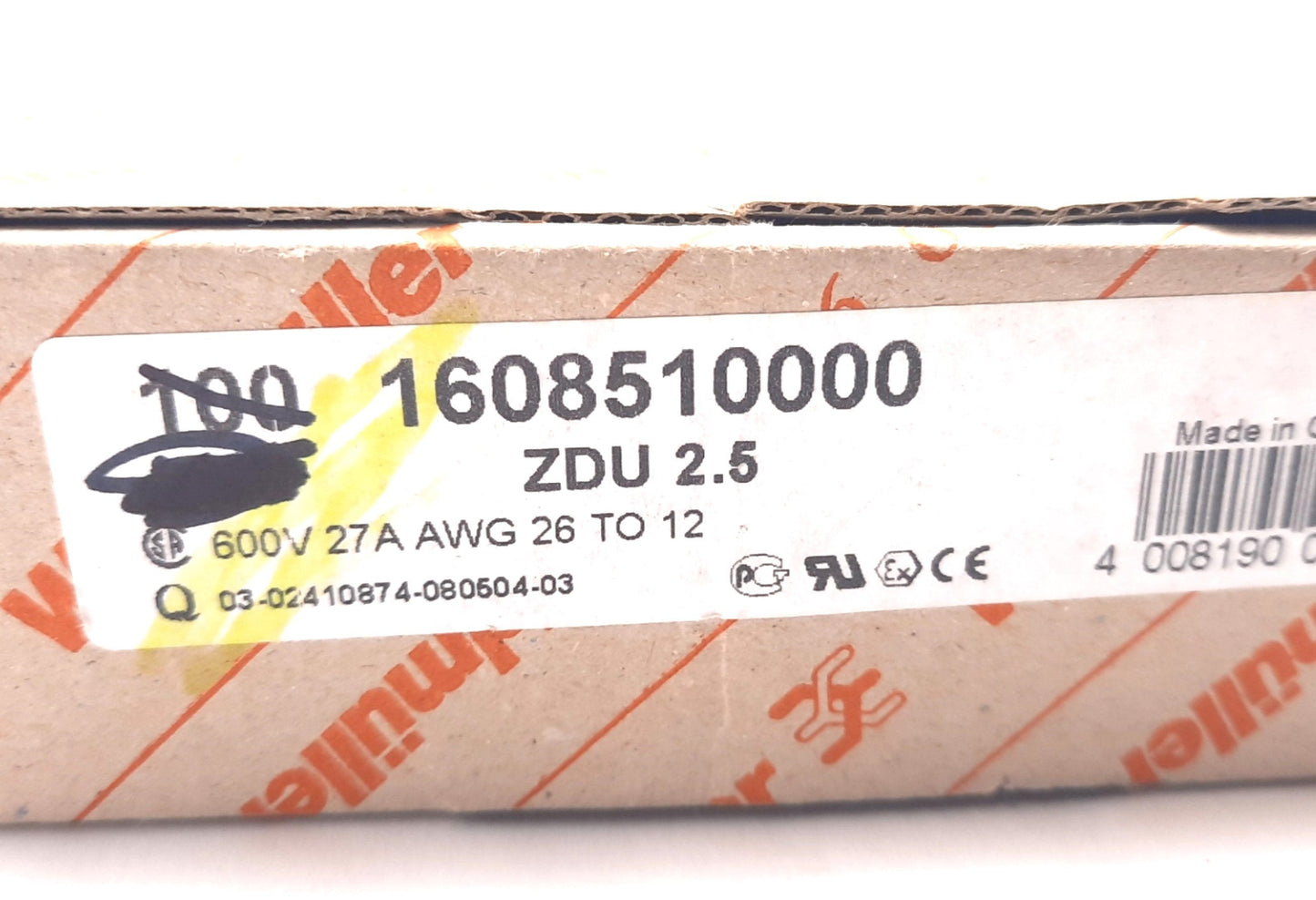 New Lot of 100 Weidmuller 1608510000 Terminal Block Two Position 600V, 27A, 26-12AWG