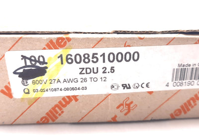 New Lot of 100 Weidmuller 1608510000 Terminal Block Two Position 600V, 27A, 26-12AWG